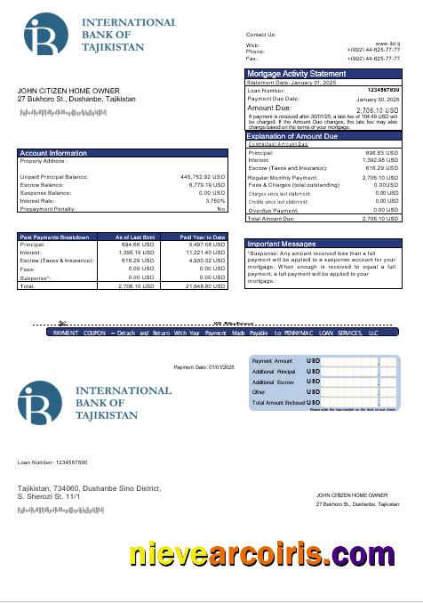 Tajikistan ITB bank mortgage statement